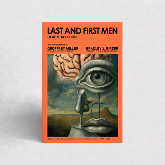 Last and First Men by Olaf Stapledon trade paperback cover on Ark Press cloudy gray catalog background